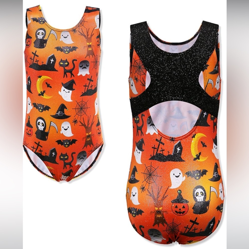 (8-10) Gymnastics Leo Halloween Orange & Black Ghosts Pumpkins Cats Gym Leotard